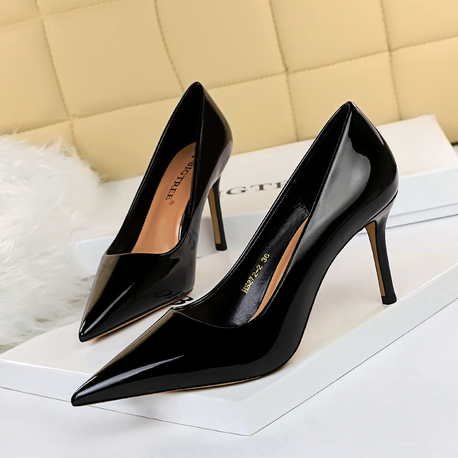 High-heeled Shiny Patent Leather Shallow Mouth Pointy Sexy Thin High-heeled Shoes