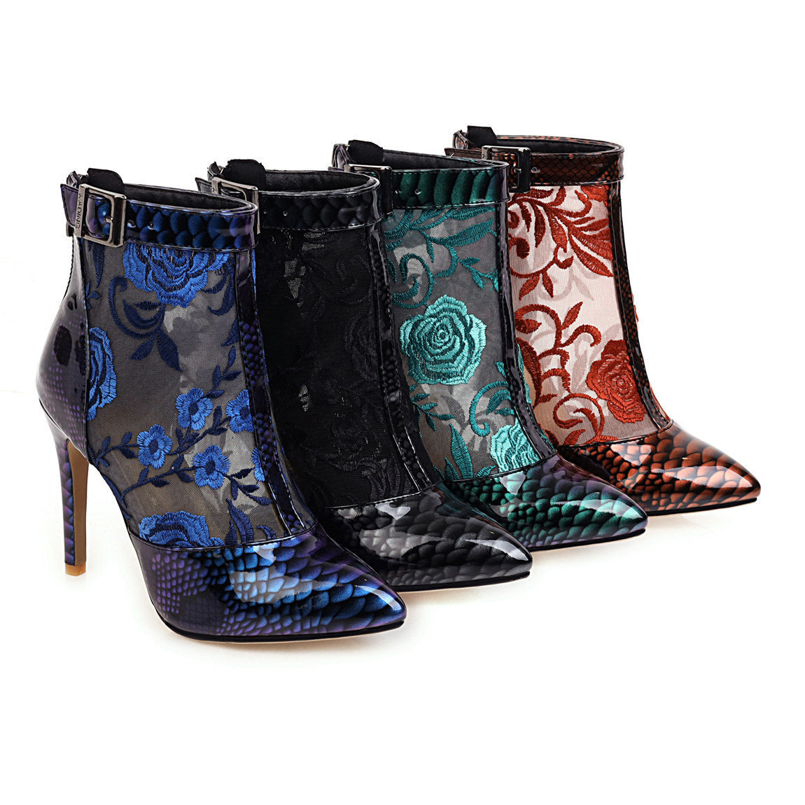 Pointed Ankle Boots Ladies Fashion Printed Shoes Thin Heel Buckle Zipper