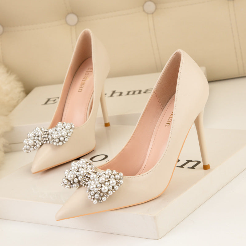 Women's Fashion Banquet Pointed Toe Pearl Bow High Heels