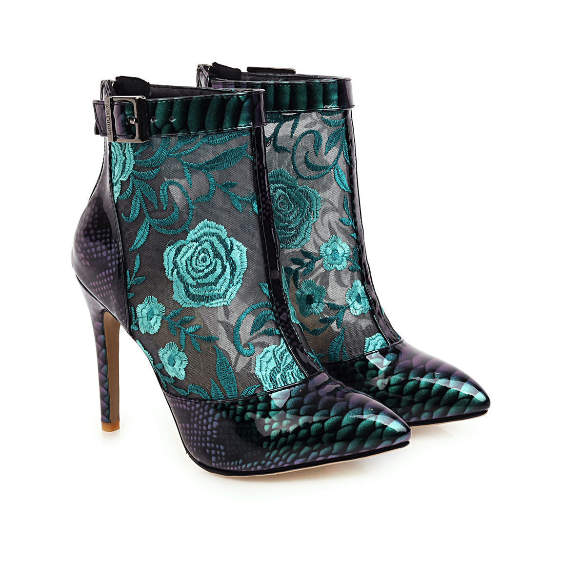 Pointed Ankle Boots Ladies Fashion Printed Shoes Thin Heel Buckle Zipper