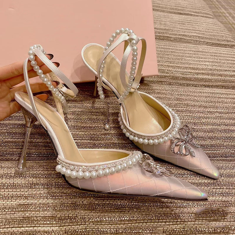 Women's French Rhinestone Bow Pearl Stiletto High Heels