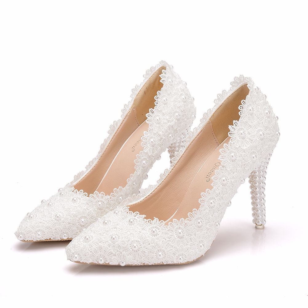 Pearl Lace Large Size Wedding Shoes Stiletto Single Shoes Women