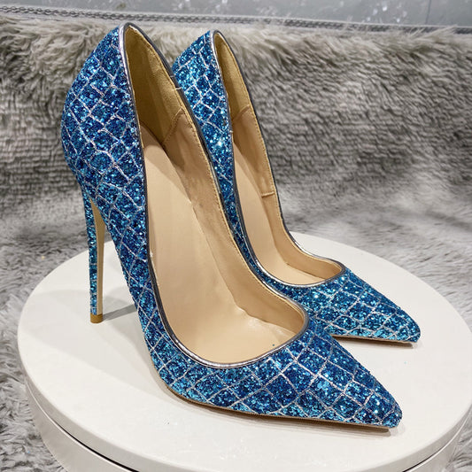 Blue Sequined High Heel Wedding Shoes Everyday