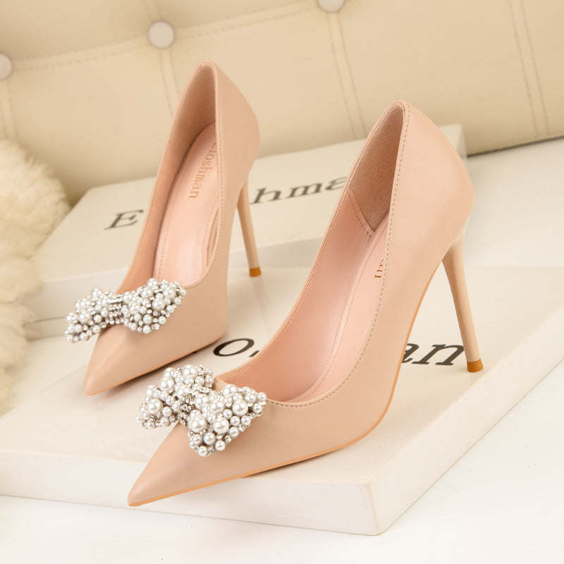 Women's Fashion Banquet Pointed Toe Pearl Bow High Heels