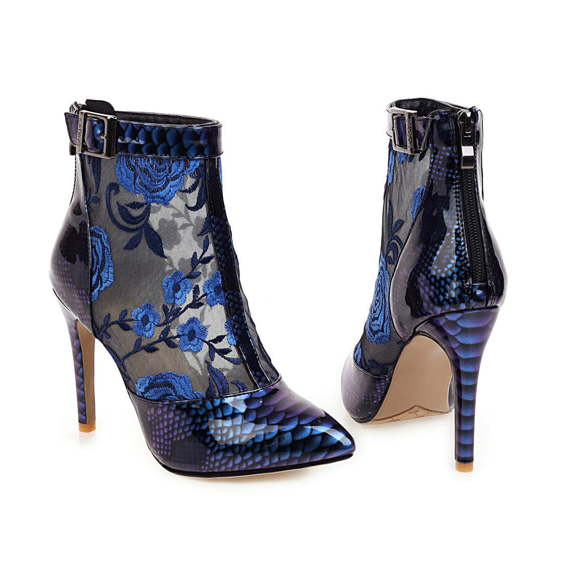 Pointed Ankle Boots Ladies Fashion Printed Shoes Thin Heel Buckle Zipper