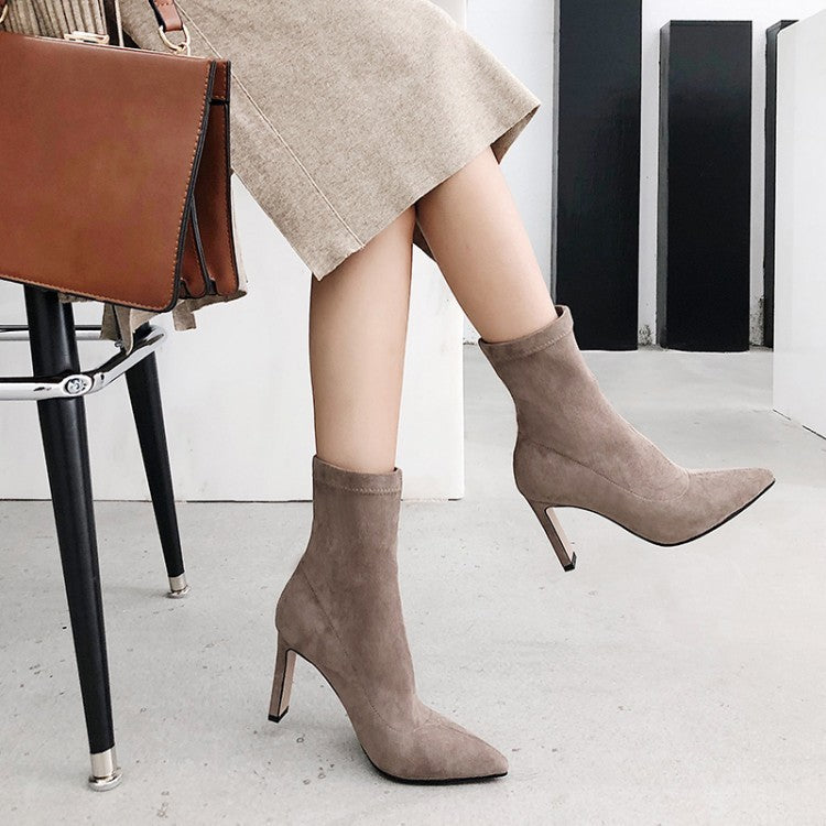 Pointed Toe Elastic High Heel Short Suede Women's Boots