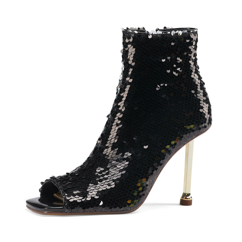 Fashion Sequined Fish Mouth Zipper Stiletto High Heels Women's Cool Boots