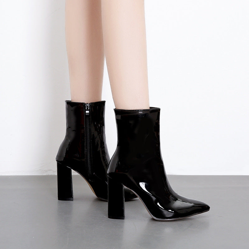 Patent Leather Fabric Pointed Toe Chunky Heel High-heel Zipper Knight Boots