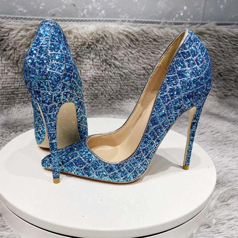 Blue Sequined High Heel Wedding Shoes Everyday