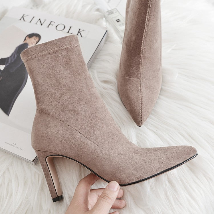 Pointed Toe Elastic High Heel Short Suede Women's Boots