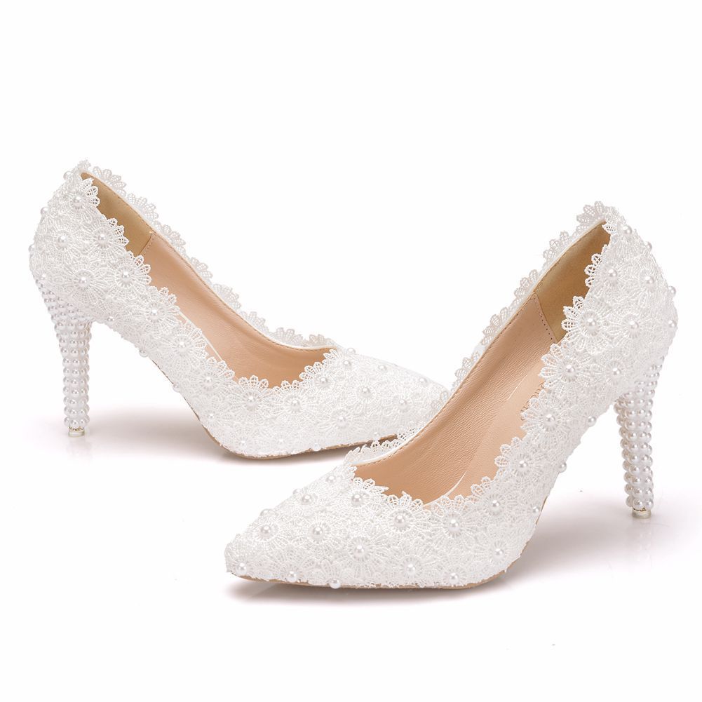 Pearl Lace Large Size Wedding Shoes Stiletto Single Shoes Women