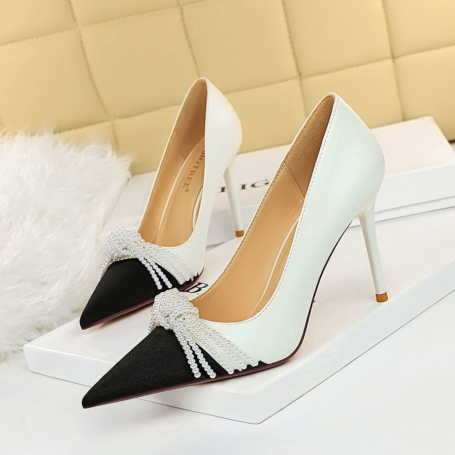 Fashion Shallow Mouth Color Matching Pointed Pearl Bow High Heels