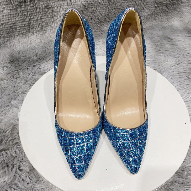 Blue Sequined High Heel Wedding Shoes Everyday