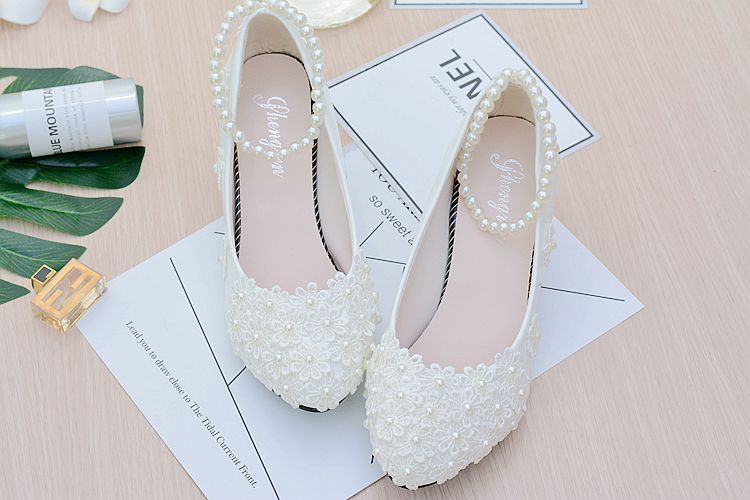 White Bridesmaid Shoes With Lace And Pearl Straps