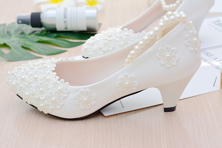 White Bridesmaid Shoes With Lace And Pearl Straps