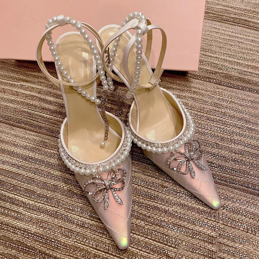 Women's French Rhinestone Bow Pearl Stiletto High Heels