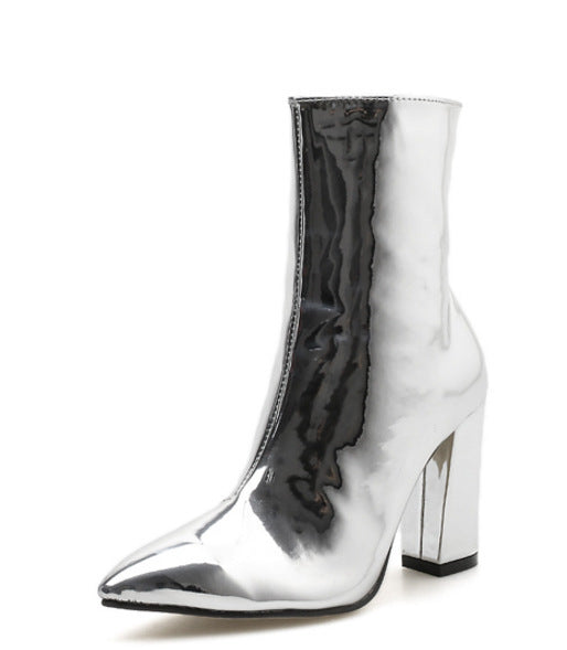 Patent Leather Fabric Pointed Toe Chunky Heel High-heel Zipper Knight Boots