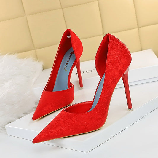 Side Hollow Stiletto Heel And Shallow Mouth Pointed Toe Super High-heeled Shoes