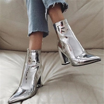 Patent Leather Fabric Pointed Toe Chunky Heel High-heel Zipper Knight Boots