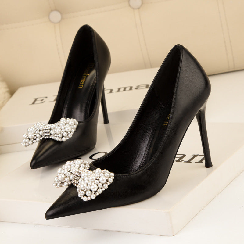 Women's Fashion Banquet Pointed Toe Pearl Bow High Heels