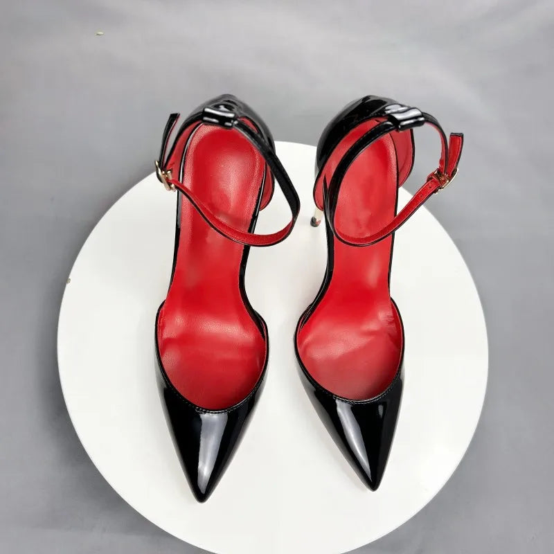 Summer Brand Ankle Straps Womens Sandals Red Insole 10 Cm Sexy Pointed Toe Pumps Matte Leather Ladies High Heels Size 32 33