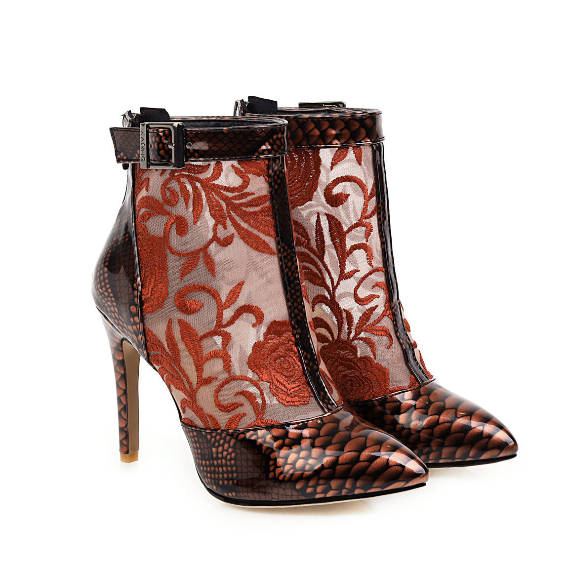 Pointed Ankle Boots Ladies Fashion Printed Shoes Thin Heel Buckle Zipper