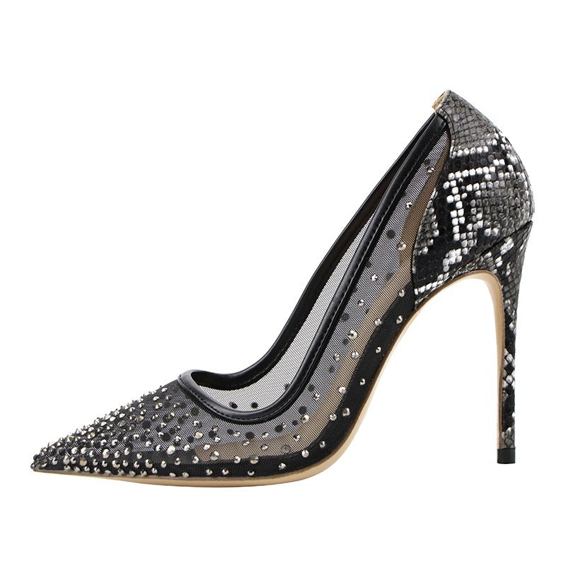 Black Net Rhinestone Snake Print High Heels Stiletto Sexy Pointy Shallow Mouth Work Shoes Trend