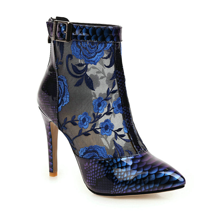 Pointed Ankle Boots Ladies Fashion Printed Shoes Thin Heel Buckle Zipper