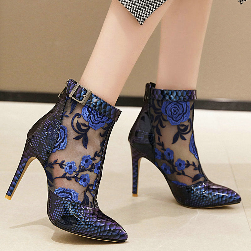 Pointed Ankle Boots Ladies Fashion Printed Shoes Thin Heel Buckle Zipper