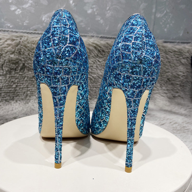 Blue Sequined High Heel Wedding Shoes Everyday