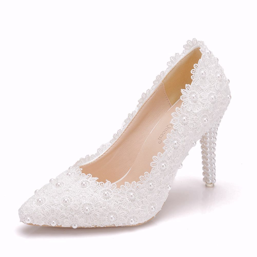 Pearl Lace Large Size Wedding Shoes Stiletto Single Shoes Women