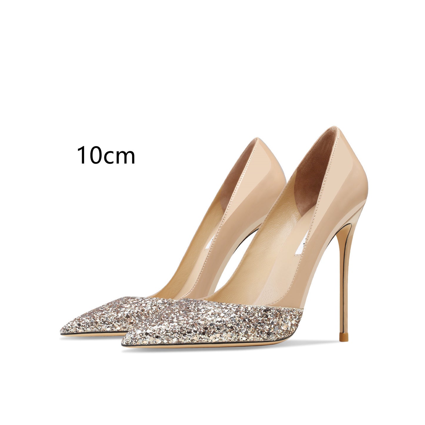 Women's Leather Stitching Gold Sequins High Heels