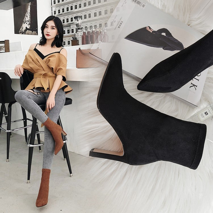 Pointed Toe Elastic High Heel Short Suede Women's Boots