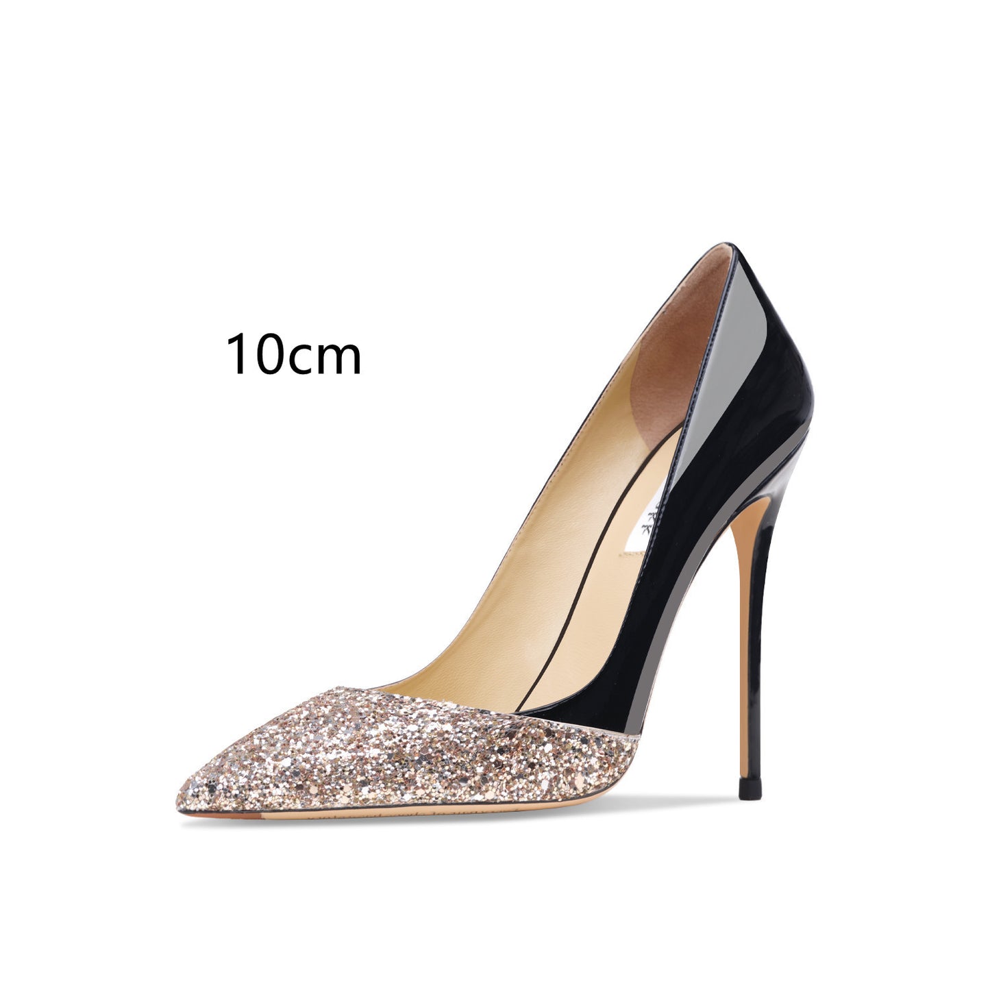 Women's Leather Stitching Gold Sequins High Heels