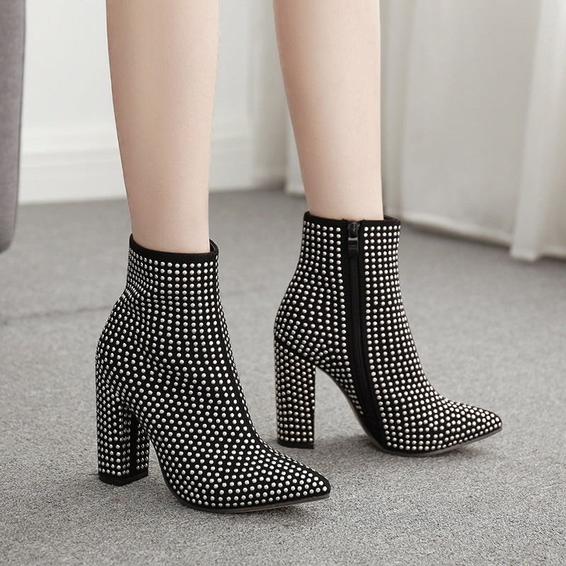 Large Size Rivet Thick Heel Booties