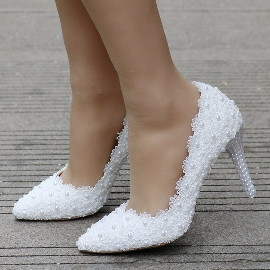 Pearl Lace Large Size Wedding Shoes Stiletto Single Shoes Women