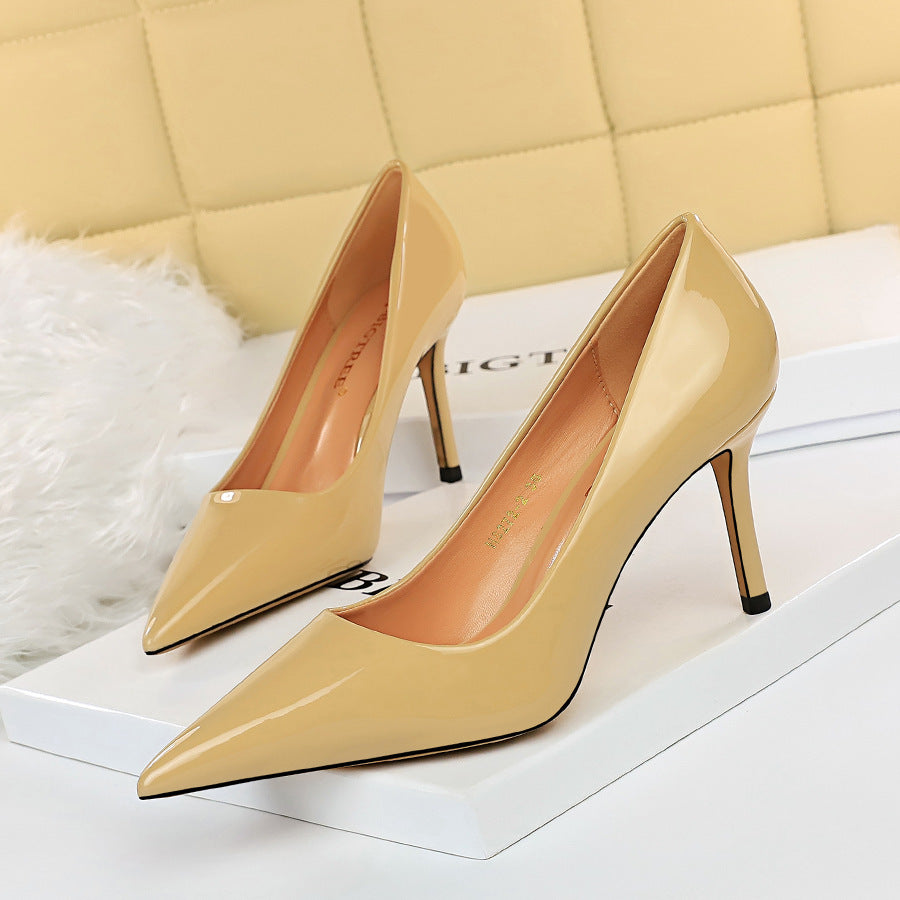 High-heeled Shiny Patent Leather Shallow Mouth Pointy Sexy Thin High-heeled Shoes