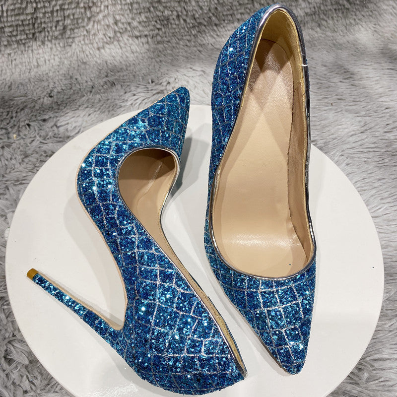 Blue Sequined High Heel Wedding Shoes Everyday