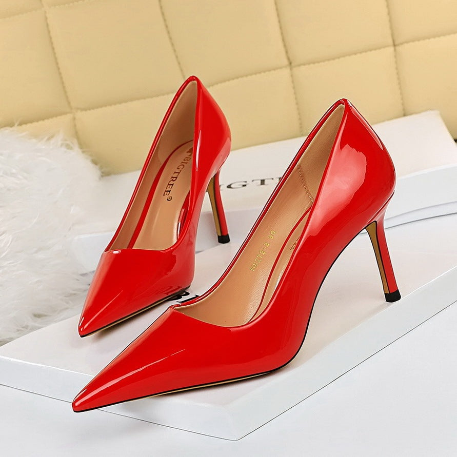 High-heeled Shiny Patent Leather Shallow Mouth Pointy Sexy Thin High-heeled Shoes