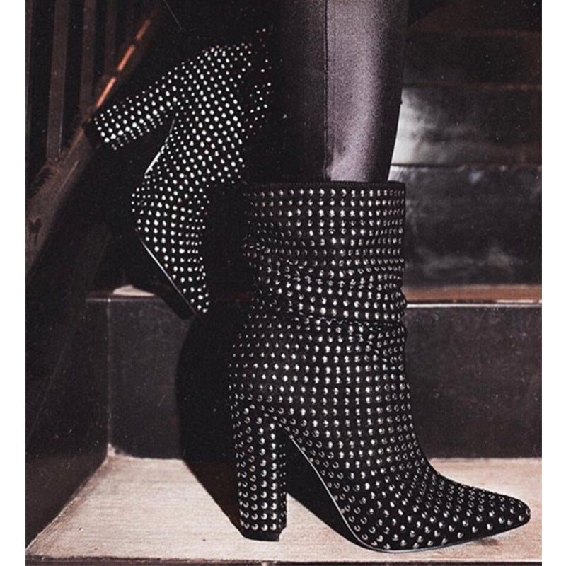 Large Size Rivet Thick Heel Booties